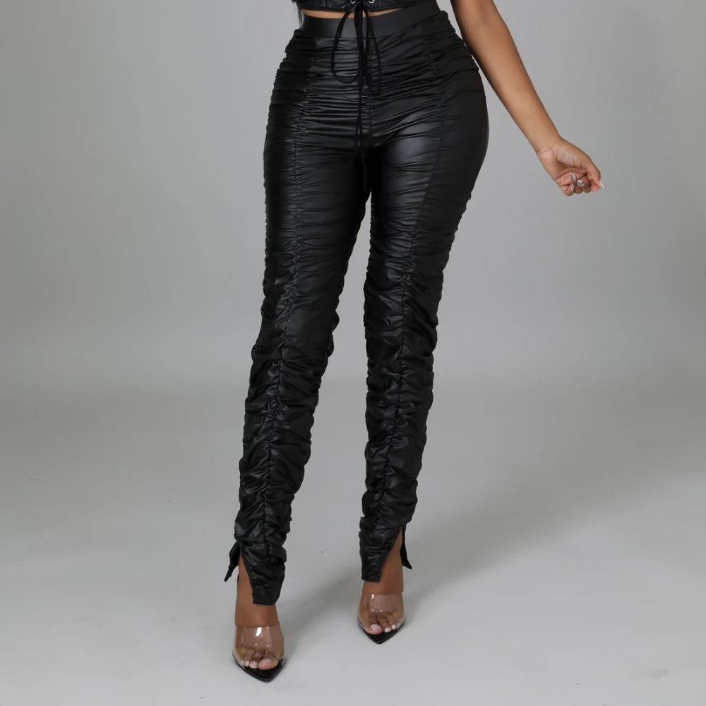 Black Faux Leather Ruched Leggings